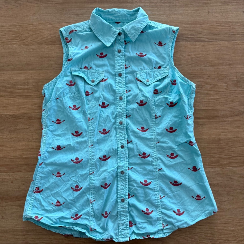 Barn Fly Trading Womens Sleeveless Western Snap Shirt Blue Cowboy Hat Print M